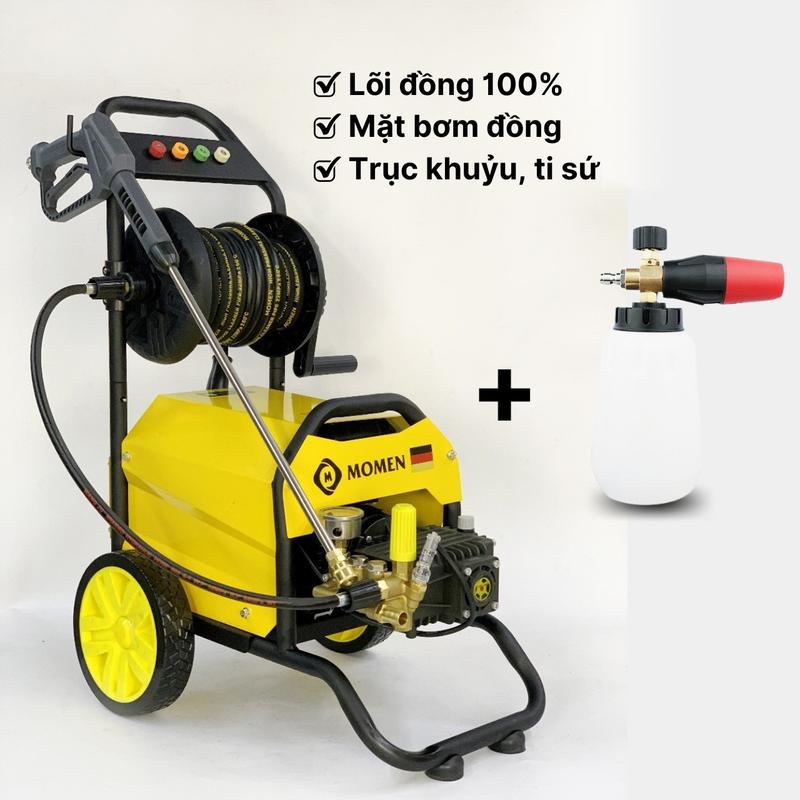 Máy xịt rửa công nghiệp áp lực cao có núm điều chỉnh áp lực, có xe đẩy & rulo quấn dây 3000w MO3000rul + 1 Bình tạo bọt chuyên dụng 1Lít Rửa Xe