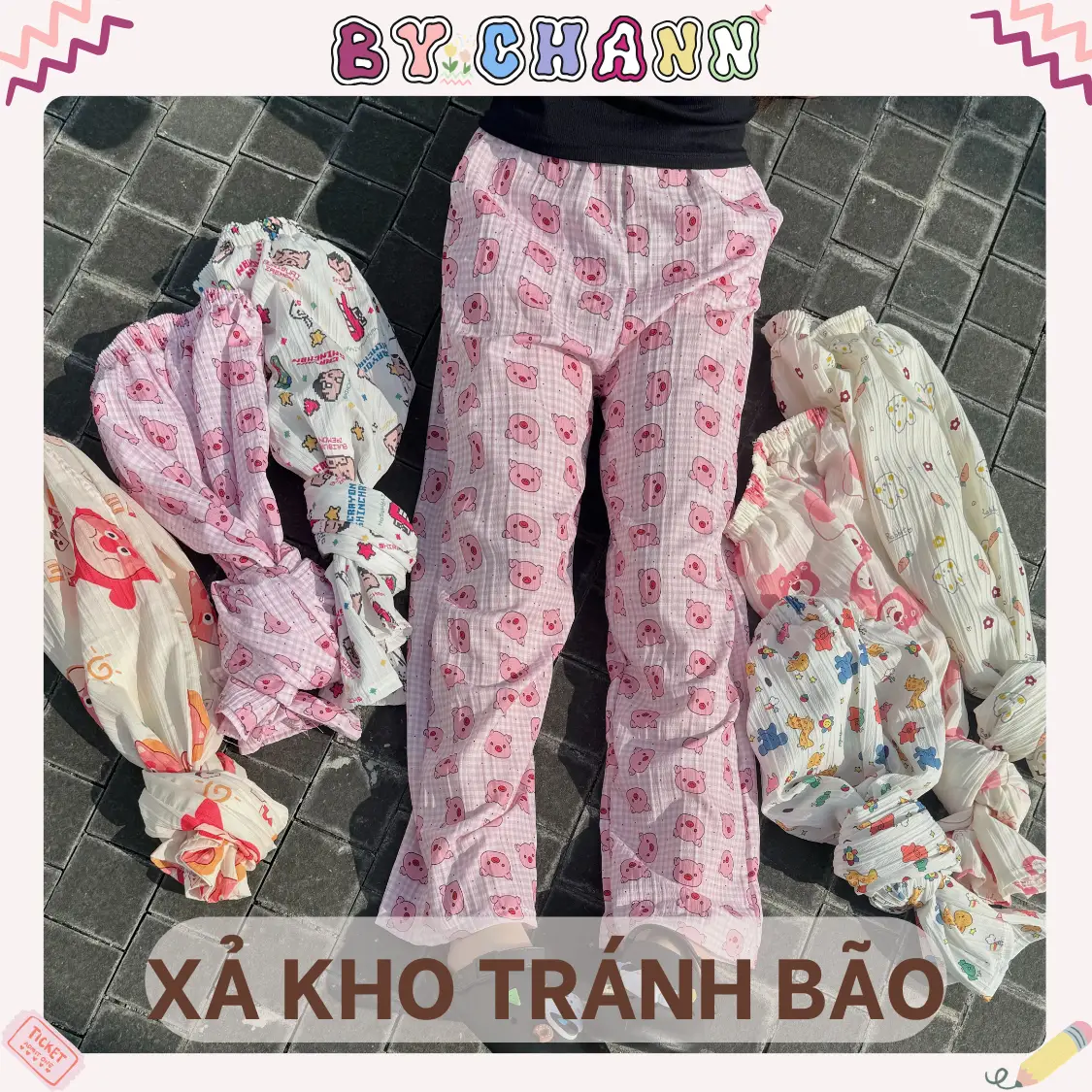 Quần Hoạt Hình BY CHANN chất MỎNG MÁT mặc nhà mùa hè, Nhiều Hoạ Tiết dáng suông ống rộng