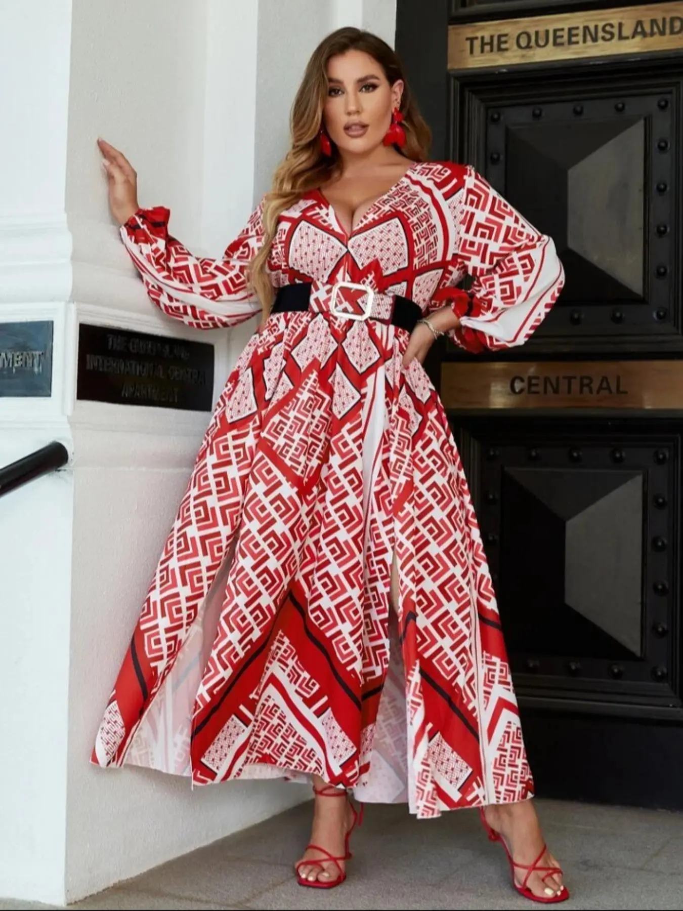 Plus Size Geometric Print Belted Split Thigh Long Sleeve Dress, Boho Deep V Neck A Line Dress, Dresses for Women, Summer Outfits 2024, Dresses Summer, Women's Clothes, Summer Outfits 2024