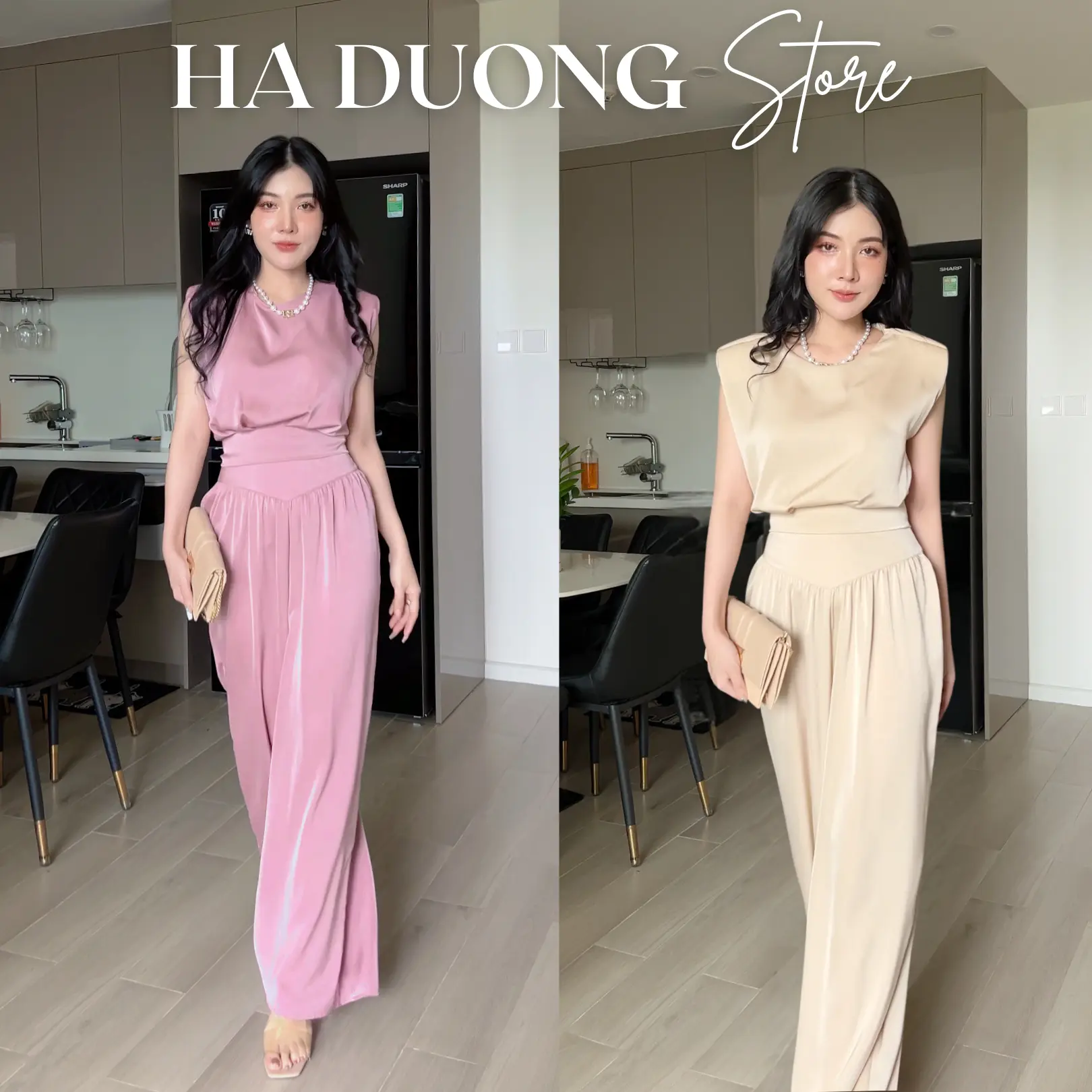 Set Lụa Dài Nhúng Kim Cương Thắt Nơ Eo Quần Dài Ống Rộng Xếp Ly Màu Hồng Và Nu Phong Cách Sang Trọng