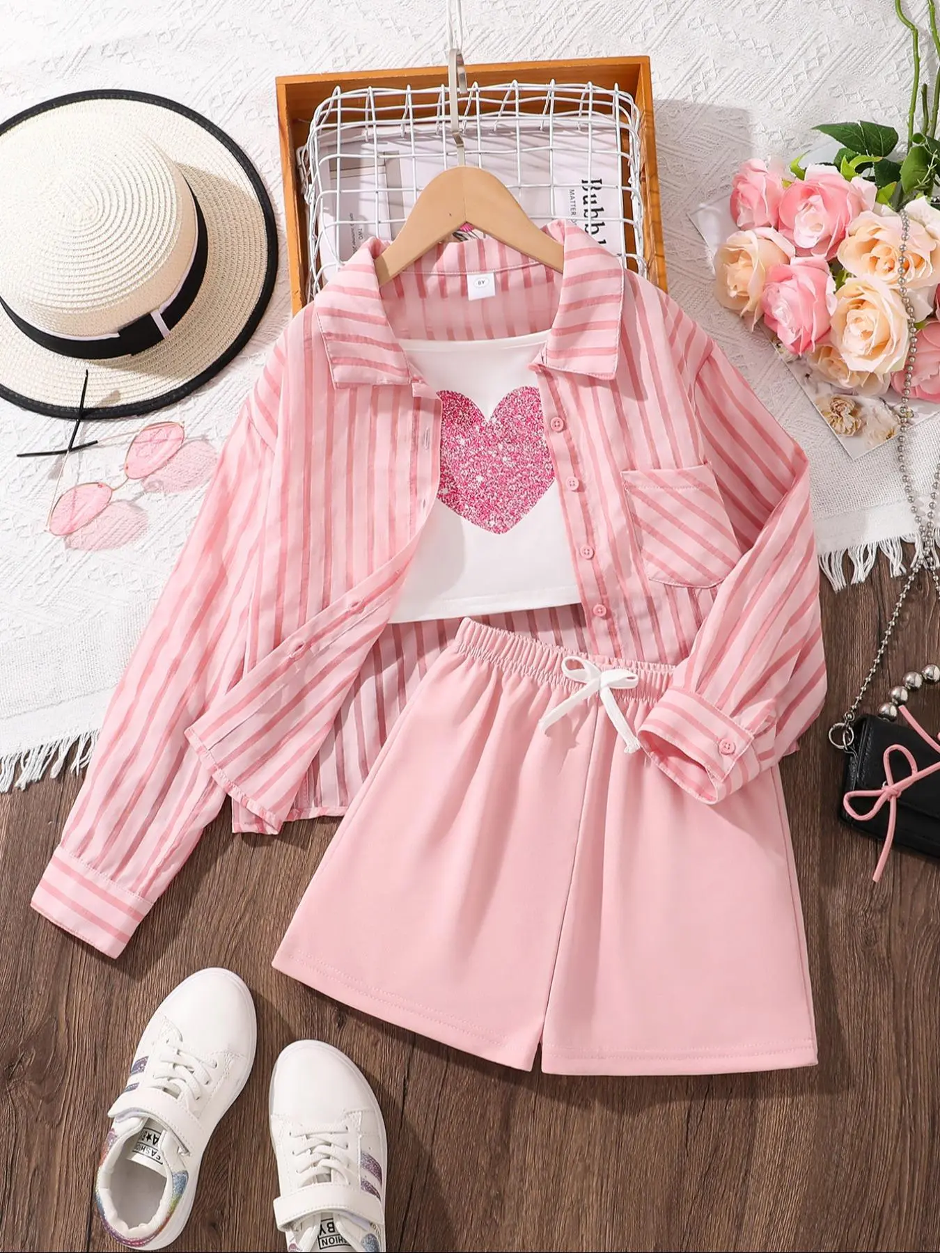 Girl's Striped Print Button Front Shirt & Heart Print Camisole & Plain Shorts Set, Casual Long Sleeve Collared Top & Sleeveless Cami Top & Shorts for Summer, Kids Clothes for Daily Wear