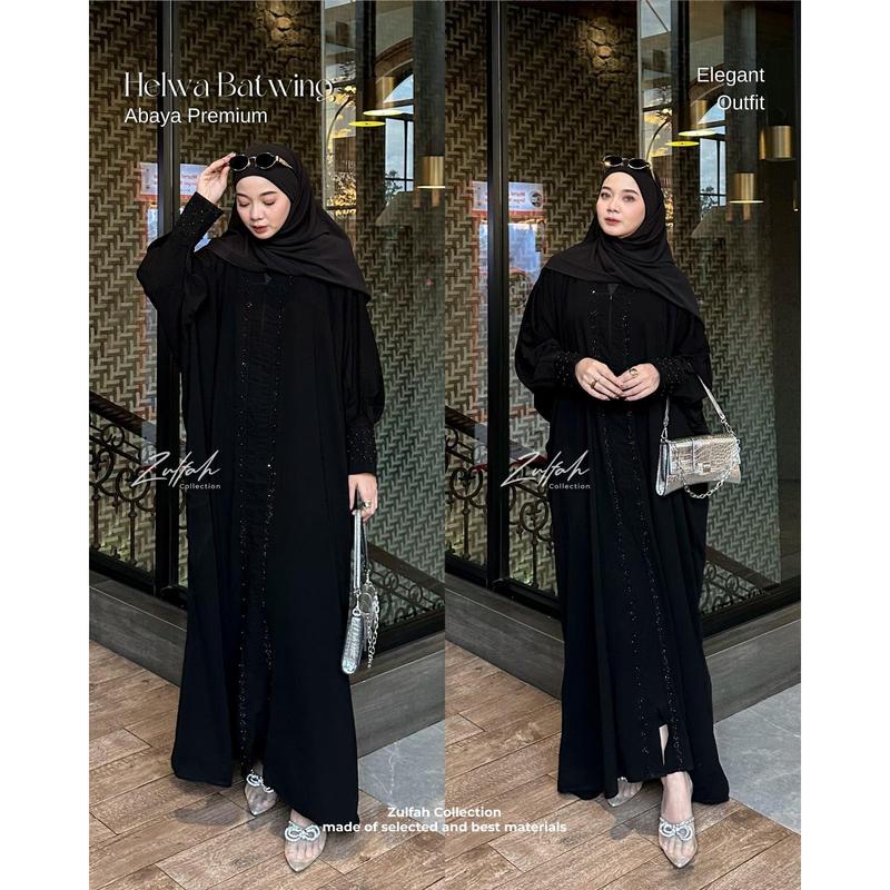 Zulfah Collection Abaya Hitam Turkey Helwa Batwing Gamis Syari Muslimah Jetblack Hitam. 7