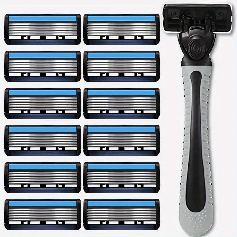 Stainless Steel 6-Layer Manual Razor Set with 1 Handle and 12 Refills - Perfect for Daily Face Care!