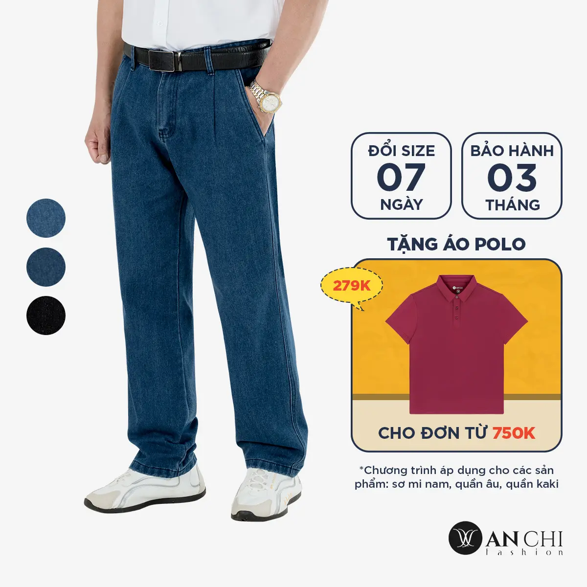 Quần jean nam 1 ly trung niên ANCHI Cafe Charcoal ống suông túi chéo - QJ1