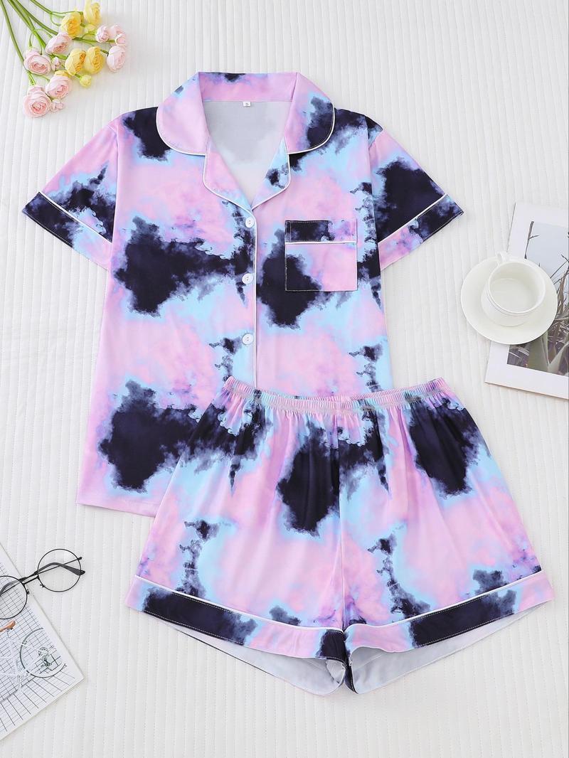 Product Introduction of Women's Tie Dye Print Lapel Shirt & Elastic Waist Shorts Pyjama Set, Casual Button Front Short Sleeve Top & Shorts, Pajamas, Ladies Summer Sleepwear 18
