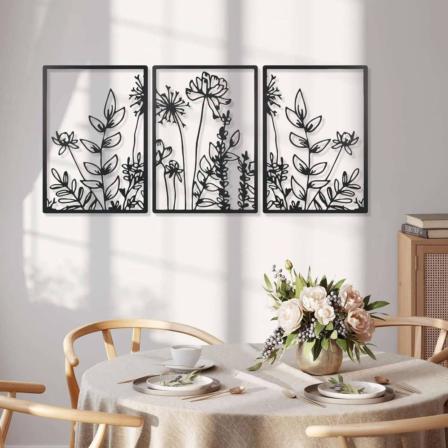 Floral Pattern Metal Wall Art, 3counts/set 3d Wall Hanging, Wall Art Decor for Home Living Room Bedroom, Room Accessory for Girl, Valentine's Day Gift