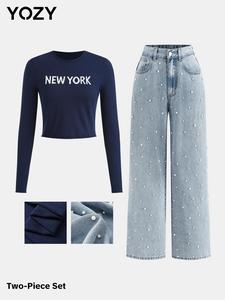 YOZY Women's Letter Print Crew Neck Sweater & Faux Pearl Decor Denim Set, Casual Fashion Cozy Round Neck Long Sleeve Top & Wide Leg Trousers for Daily Outdoor Wear, Women's Clothes for Spring & Fall