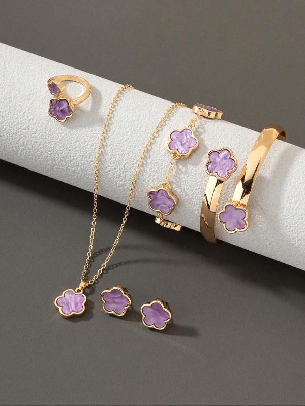 Women's Elegant Flower Design Jewelry Set, Including Pendant Necklace & Bracelets & Ring & Stud Earrings, Fashion Jewelry Set for Party, Daily Decor, Trendy All-match & Exquisite Jewelry for Birthday Gift 3