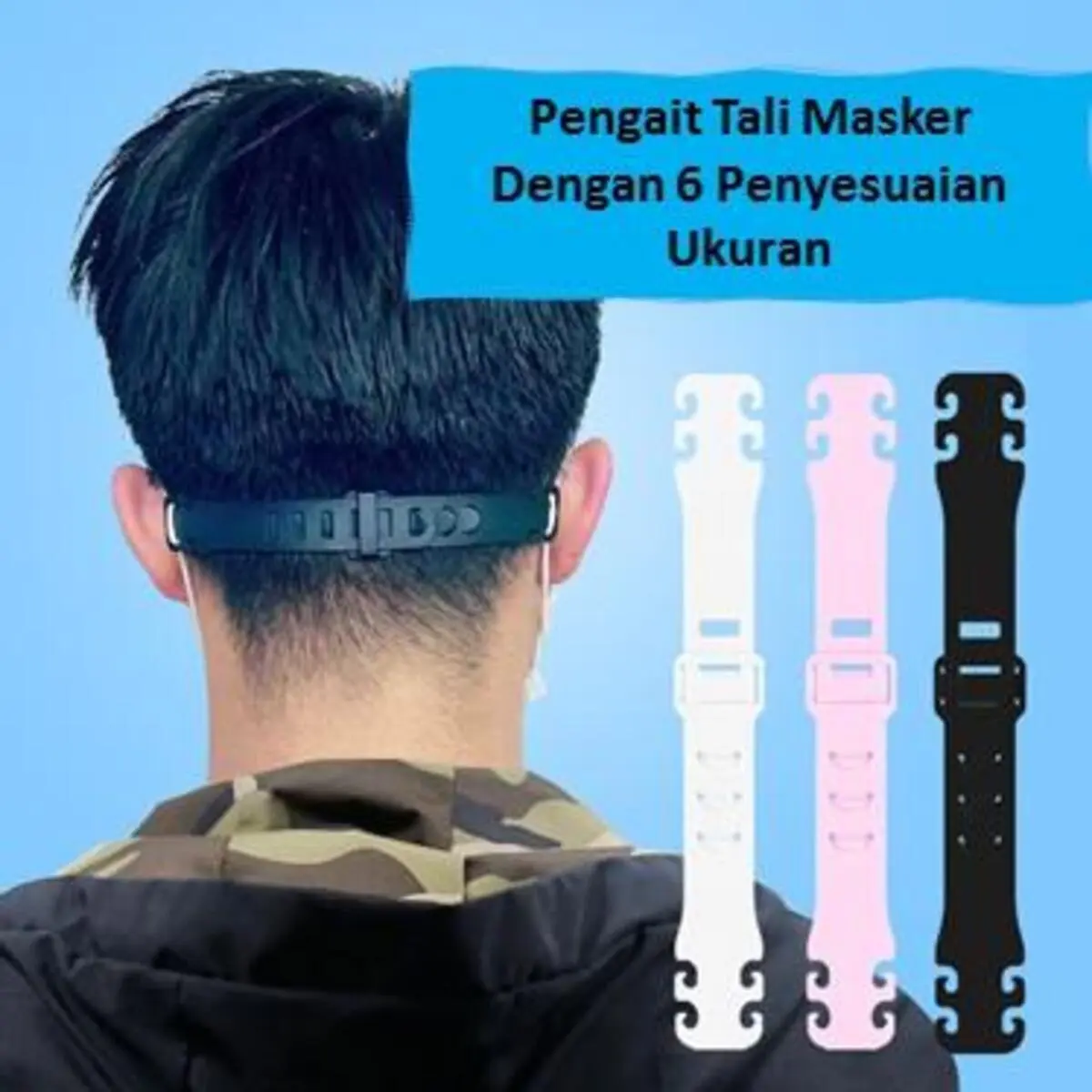 Pengait Tali Masker Earloop Hijab Non Hijab dapat disesuaikan ukuran kepala Biru Karet