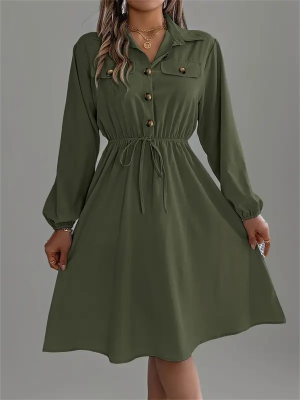 Women's Plain Flap Fake Pockets Dress, Casual Long Sleeve Collared Dress for Spring & Fall, Women's Clothing for Daily Wear 2