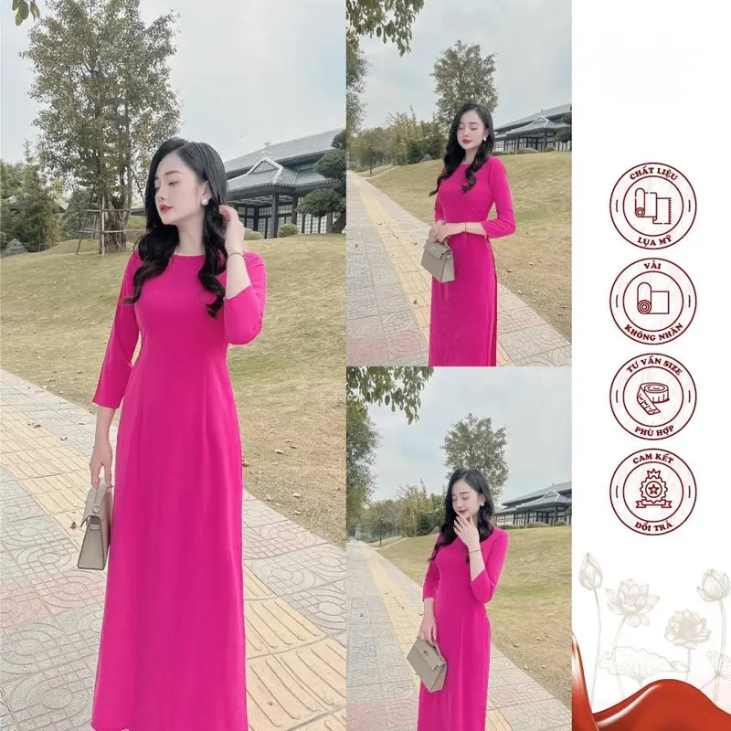 áo dài truyền thống lụa Mỹ cổ tròn màu hồng sen cổ tròn,trơn 0