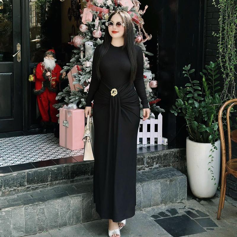 ĐẦM THIẾT KẾ TAY DÀI DÁNG DÀI KHOEN ĐIỂM NHẤN EO BIGSIZE Nữ 2