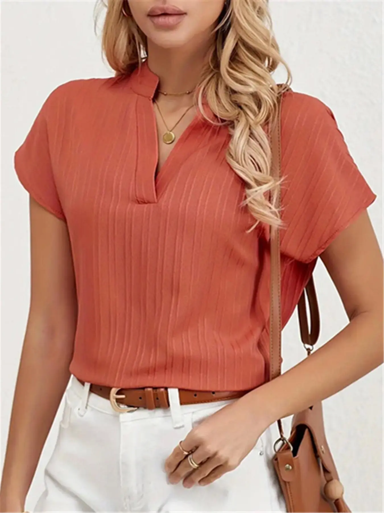 Women's Textured Notched Neck Blouse, Elegant Solid Batwing Sleeve Top, Ladies Clothes for Work Office Business