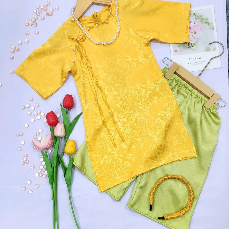 (9-38kg) Bộ áo dài gấm truyền thống tay lở (kèm xược và chuỗi ngọc) + quần lụa bóng mềm mát 3