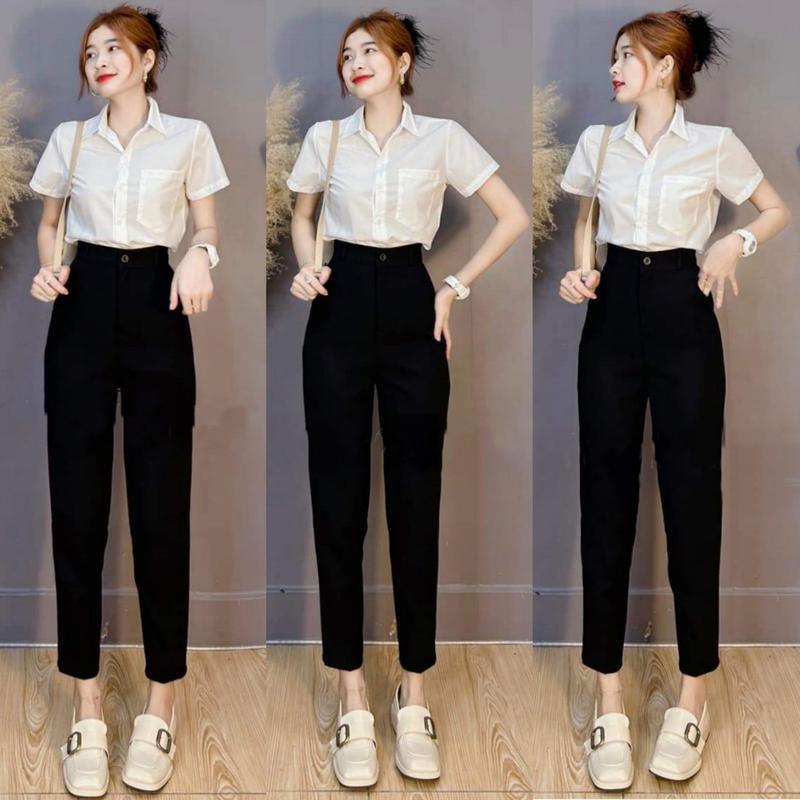 Quần Tây Baggy Nữ Lưng Cao Công Sở Đi Học Dáng Dài Ống Đứng Màu Đen Xanh - Quần Vải Nữ Công Sở Dày Cạp Cao Đi Học Sinh Pants Women Ong