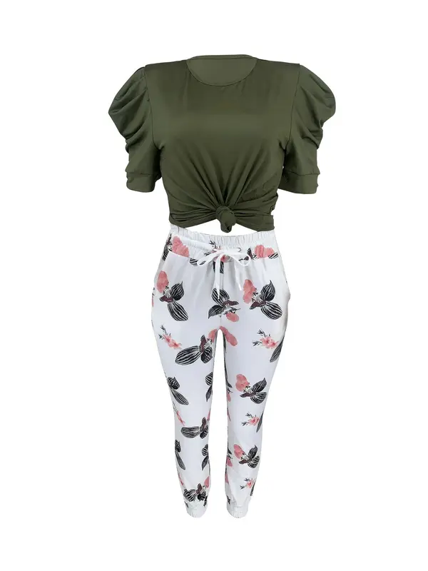 Women's Top & Floral Print Pants Two-piece Set, Casual Fashion Fitted Cozy Top & Trousers for Daily Outdoor Wear, Ladies Summer Clothes, Womenswear, Casual Outfits Women 8