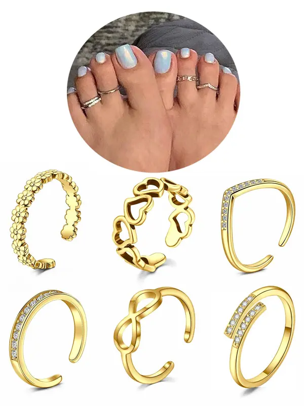 Women's Rhinestone Decorated Toe Rings (6pcs), Adjustable Open Toe Rings for Women & Girls, for Party, Daily Clothing Decor, Birthday Gift, Toe Ring Jewelry 2