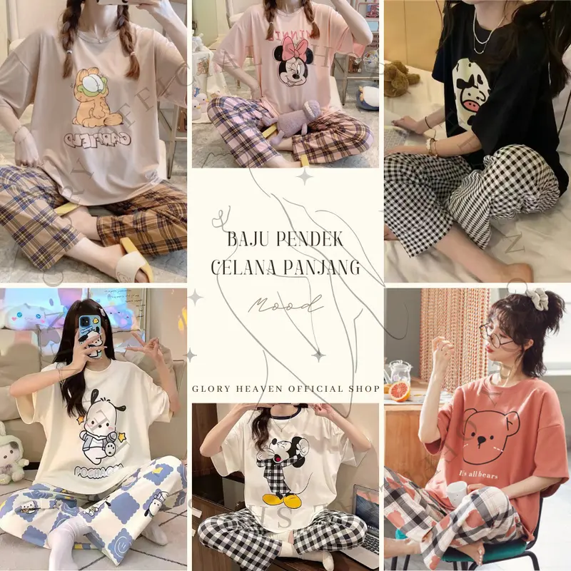 Glory Baju Tidur Wanita Lengan Pendek Celana Panjang | Piyama Pajama | Baju Tidur Set | Baju Rumah Set | Piyama Wanita Set Fit Dewasa 3