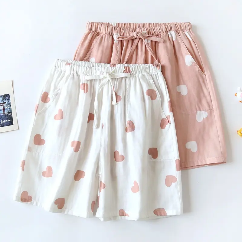 Love Heart Cotton Gauze Pajama Pants Women Summer Thin Style With Side Pocket Shorts Loose Three-Point Cool Sweat-Absorbent Beach Fabric Loungewear