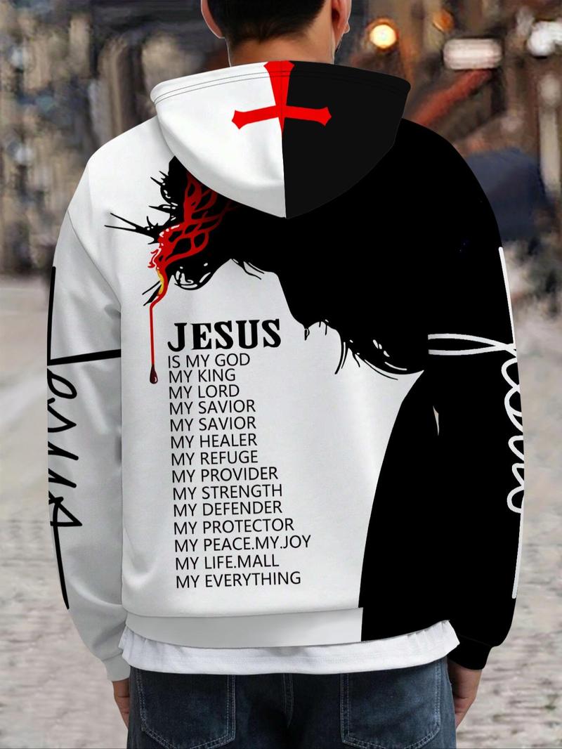 Product Introduction of Men's Regular Fit Knight & Skeleton Print Drawstring Hoodie, Casual Graphic Pocket Hoodie for Fall & Winter, Men's Top for Daily Wear 3