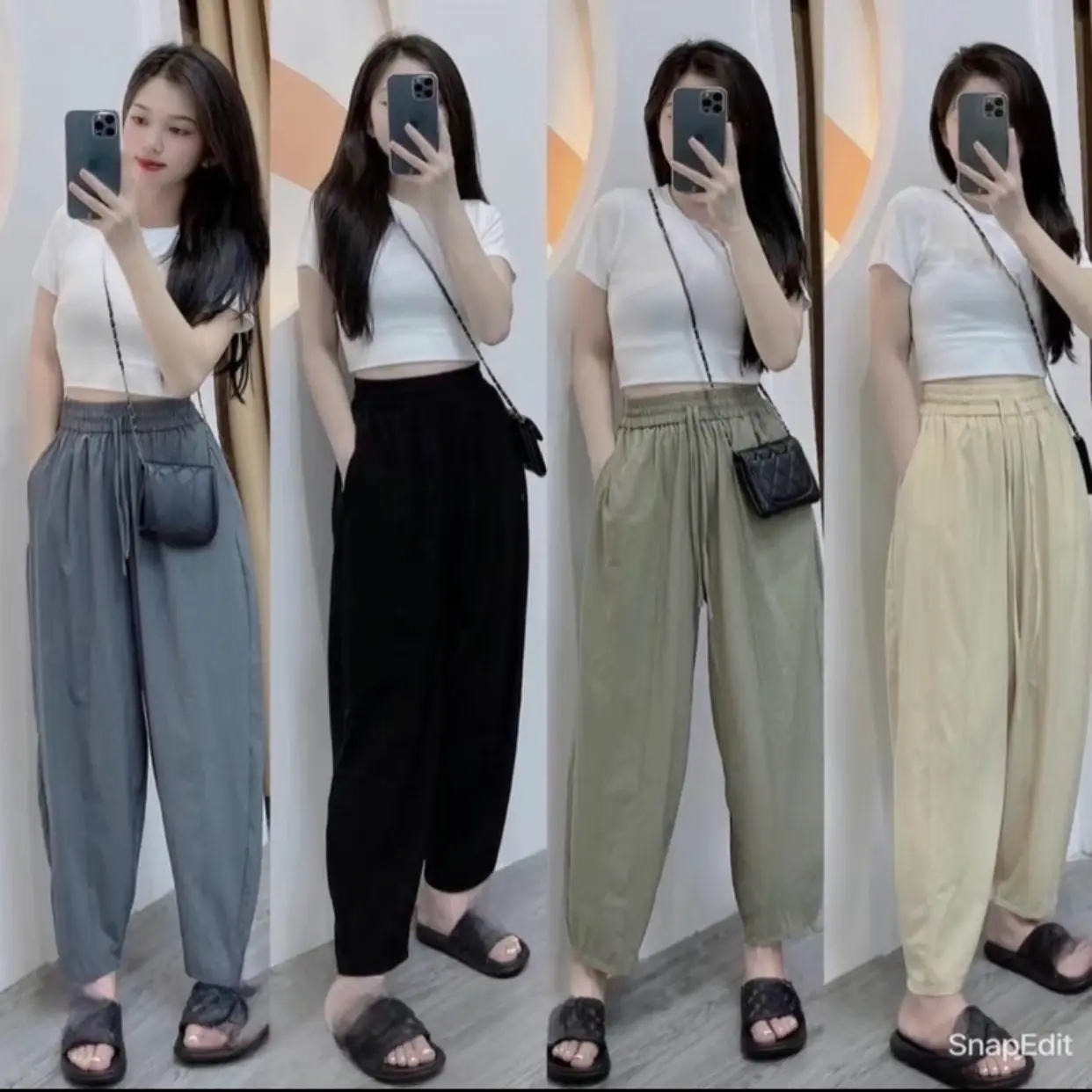 Quần baggy gió nhăn chất mát Nữ women Pants Đen