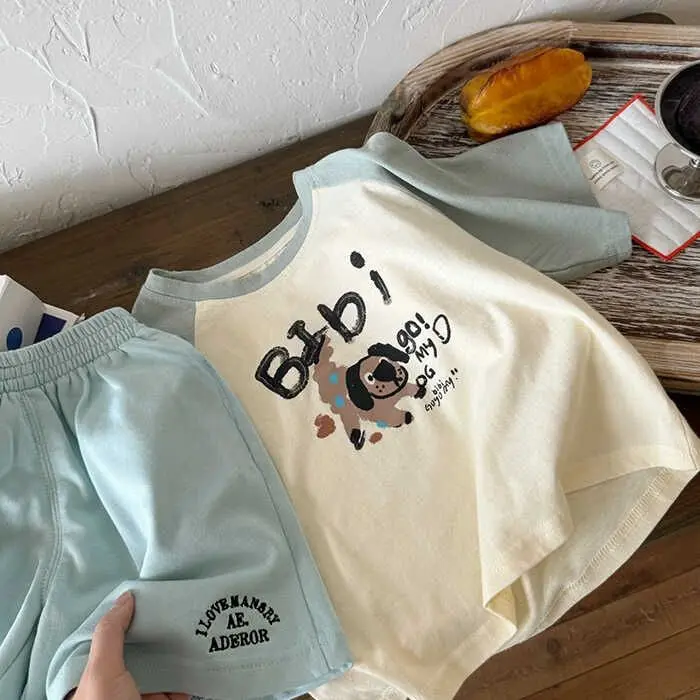 Áo Thun Raglan Hoạt Hình, Cho Bé Trai, ngắn Tay, Mỏng Và Thường Ngày, Quần Đùi Trẻ Em, Dáng Rộng, Thích Hợp Cho Thể Thao, Bộ Đồ Hai Mảnh, Thời Trang 4