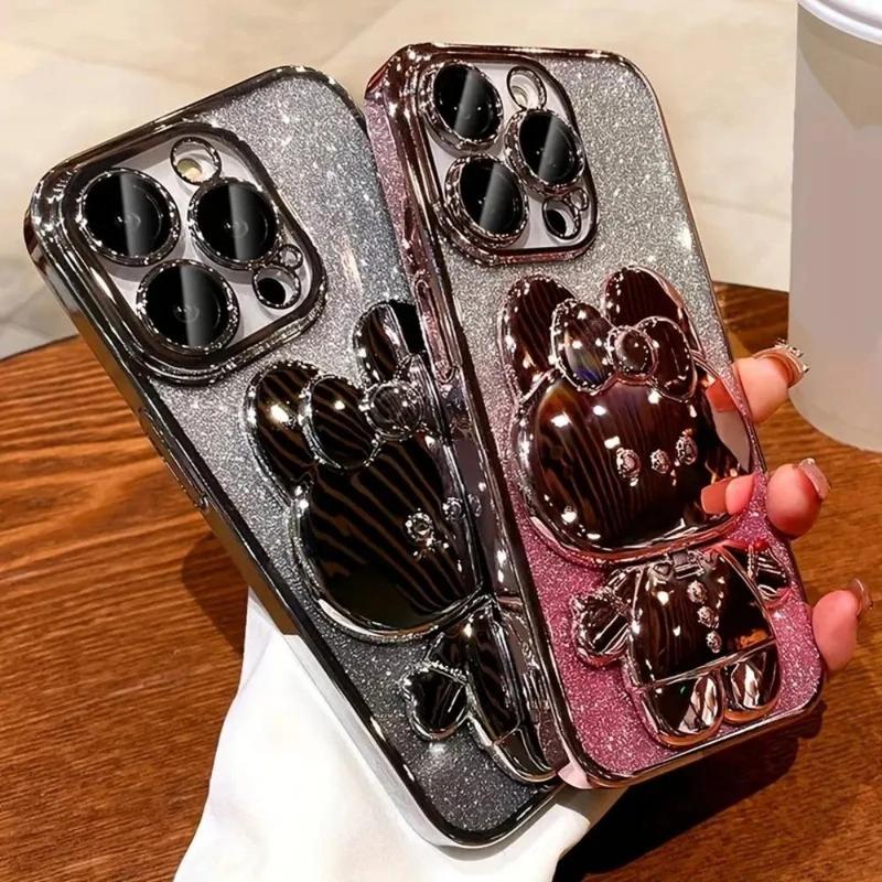 Cute Bunny Design Phone Case with Camera Lens Protector & Hidden Mirror Holder, Shockproof Phone Protective Cover, Phone Accessory Compatible with iPhone 15 14 13 12 11 Pro Max Plus 8