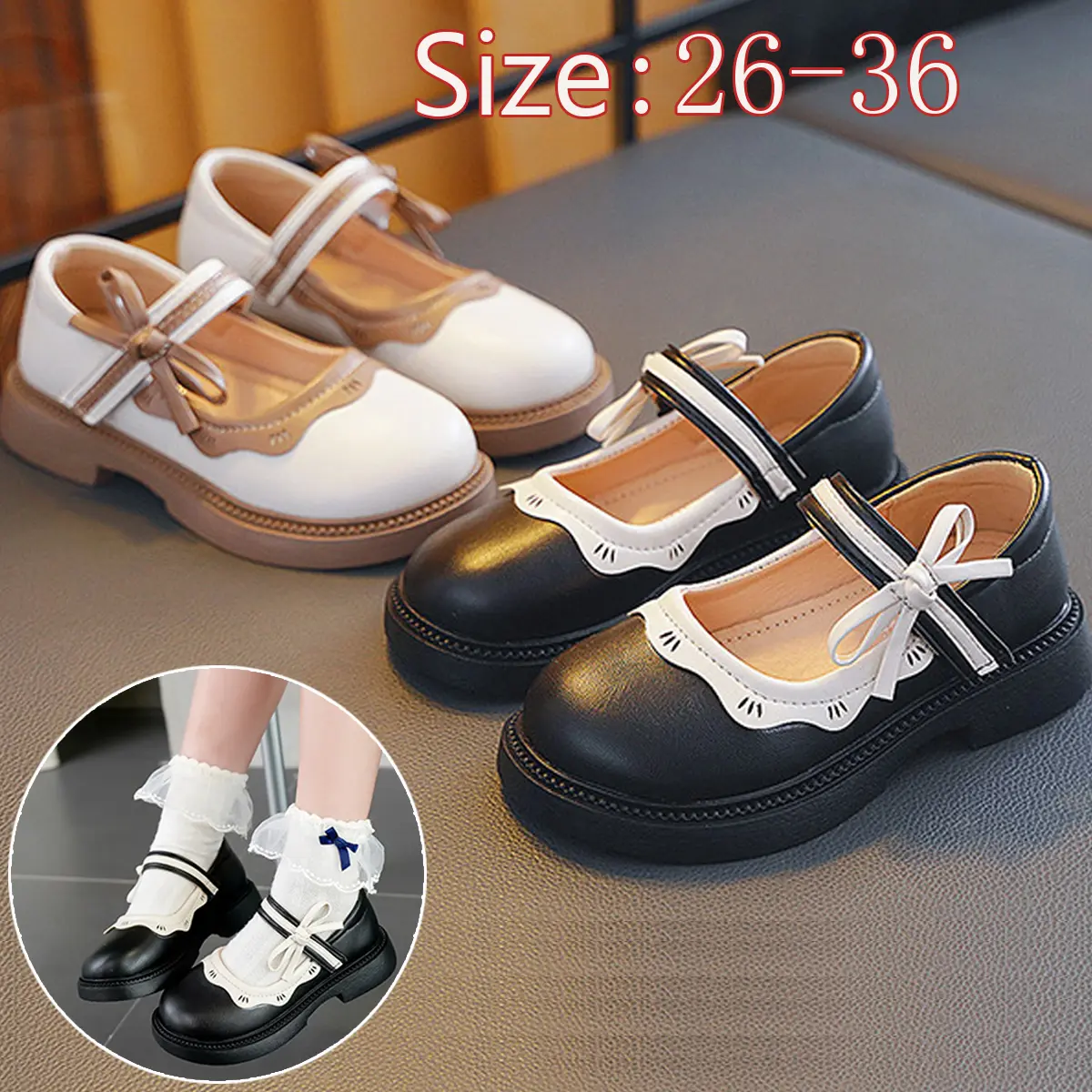 Size 26-36 Gadis Sepatu Datar Putri Princess Fashion Kepala Bundar Anti-selip Vintage Kemasan Kotak Kaki Sd