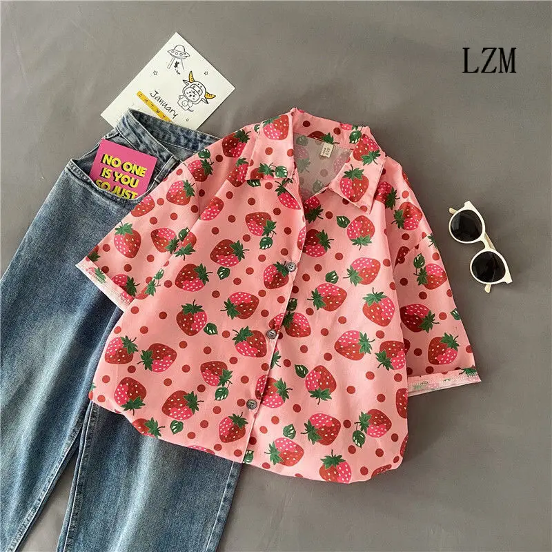 Women's Shirt Pink Strawberry Printed Short-Sleeved Shirt Women's 2024 Summer New Shirt Student Versatile Loose plus Size Top[LZM] Womenswear Blouse Lingerie Lady Comfort Collar Collared