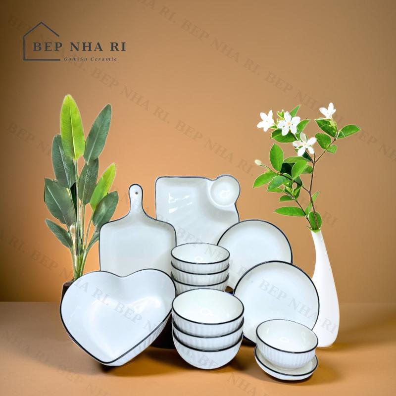 [ BepNhaRi ] Bộ bát đĩa Gốm Sứ CAO CẤP 13 món màu trắng viền đen  sang trọng cho gia đình - decor trang trí nhà bếp