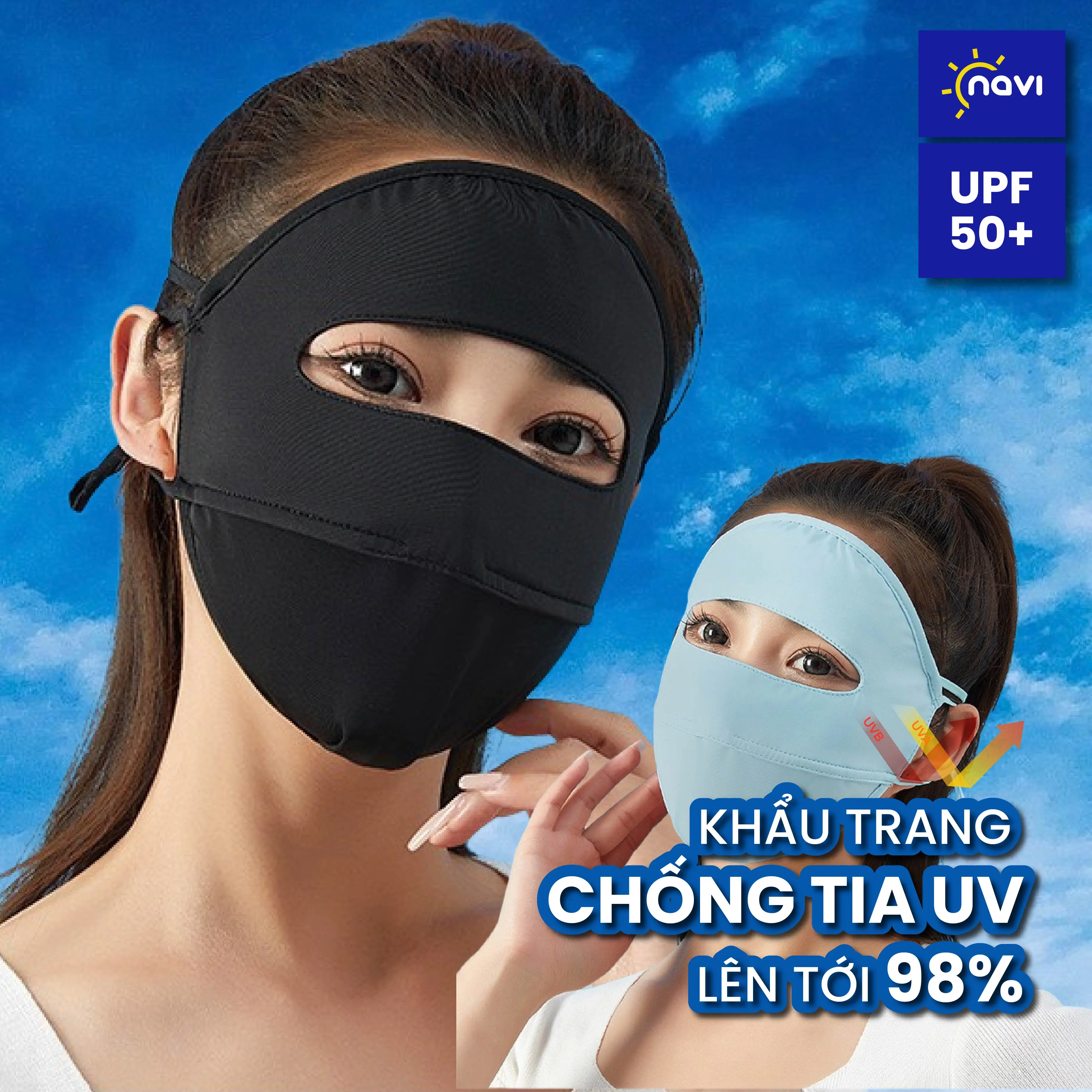 Khẩu Trang Chống Nắng Chống Tia UV Toàn Mặt 360 Vải Thun Lạnh UPF 50+ Thoáng Mát Không Đau Tai