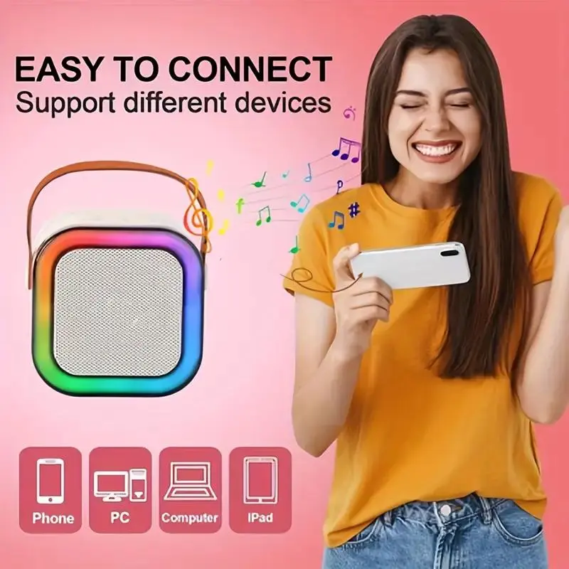 Portable Mini Karaoke Speaker with 2 Microphone, Rechargeable Wireless Outdoor Speaker with RGB Light, Home Singing Karaoke Wireless Outdoor Speaker, Remote Wireless Microphones, Colorful, Multifunction, Neon, Karaoke Machine, Adjustable 3