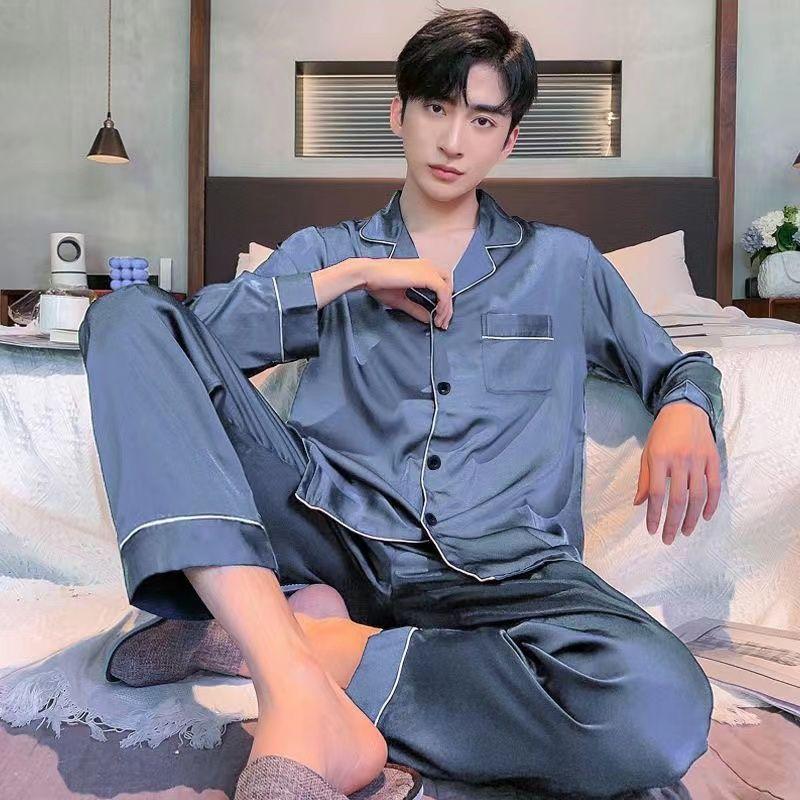 Bộ Đồ Ngủ Nam, Chất Liệu Lụa Lạnh Dài Tay, Mỏng Và Rộng, Ngoại Cỡ, Thích Hợp Cho Mùa Xuân Và Mùa Thu, Mặc Nhà, Bộ Đồ Lụa Thường Ngày Mùa Hè, Có Sẵn Cho Mùa Thu Và Mùa Đông Áo Menswear Nhung 2