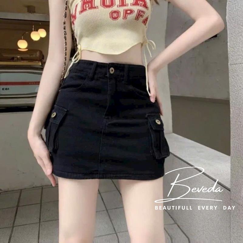 Chân Váy Kaki Túi Hộp Đính Nút 2 Bên Dáng Ngắn Có Lót Trong Form Chuẩn Đẹp Beveda Nữ Khuy Đen Jean Kem Women Trắng