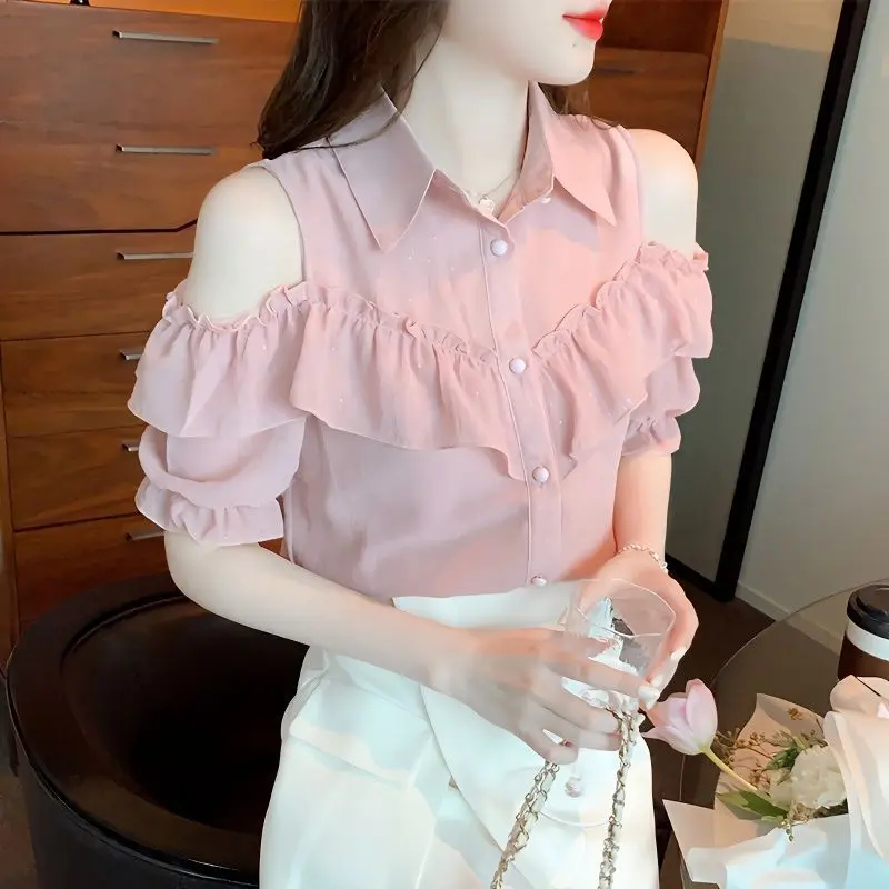 Áo Voan, Thời Trang, Phong Cách Thanh Lịch, Trễ Vai, Trang Phục Mùa Hè Của Phụ Nữ, Hàng Mới Về 2024, Thiết Kế Selvedge Dây ngắn Tay Áo, Áo Phong Cách Phương Tây, Cỡ Nhỏ 0