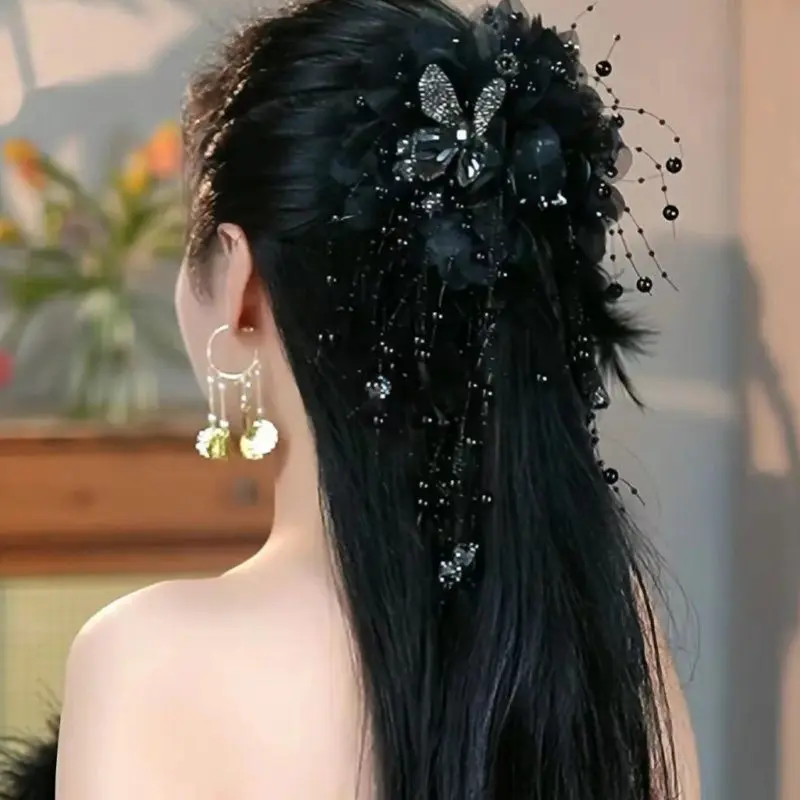 Kẹp Tóc Ngọc Trai, Thủ Công, Hạt Cổ Tích Mới, Dễ Phối Đồ Tua Rua Đen Sau Đầu, Thời Trang, Phong Cách Thanh Lịch, Kẹp Cá Mập, Tạo Không Khí
