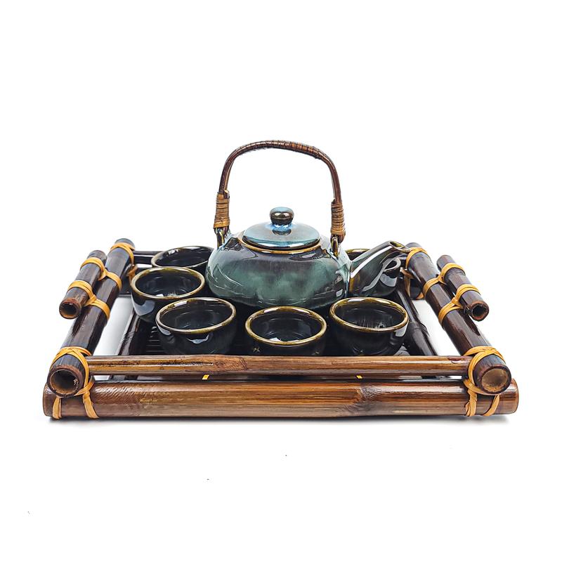 Bộ Ấm Chén Trà Men Hoả Biến 400ml Tặng Khay Tre - Gốm Sứ Linh Khang Bát Tràng Làm bằng tay Có ấm pha có thể tháo rời Tea Sets