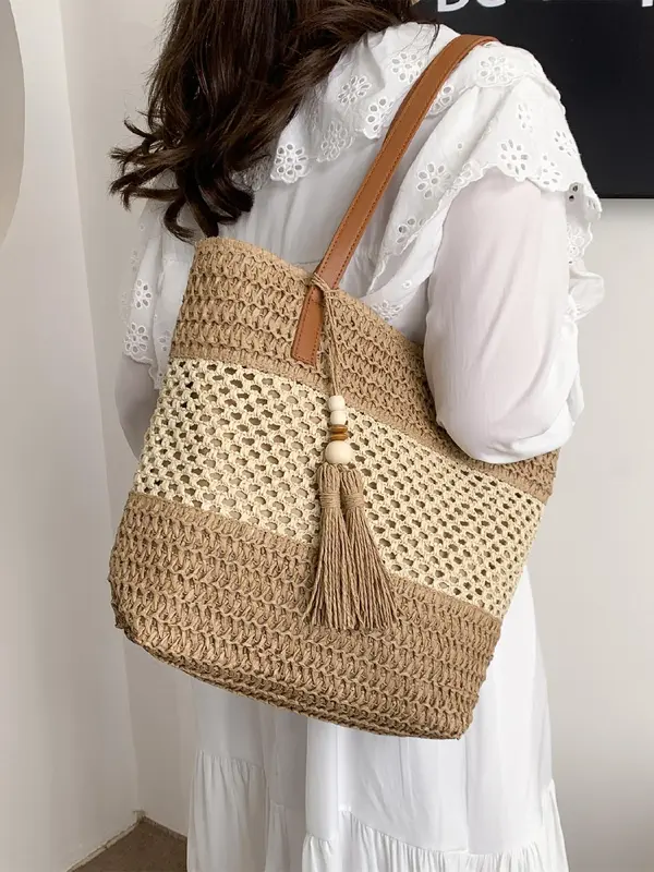 Women's Fashionable Straw Tote Bag, Large Capacity Shoulder Bag for Daily Used, Casual Trendy Versatile High-quality Daily Commuting Bag, Girl Fashionable Shopping Bag, Beaded Bags 3