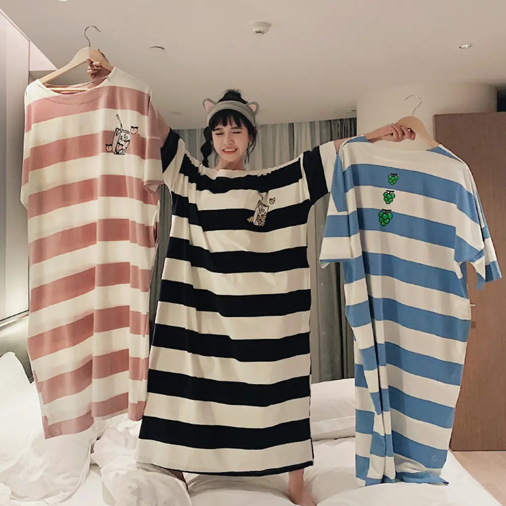 Women Polyester O Neck Short Sleeve Striped Loose Nightgown Dress Sleepwear
