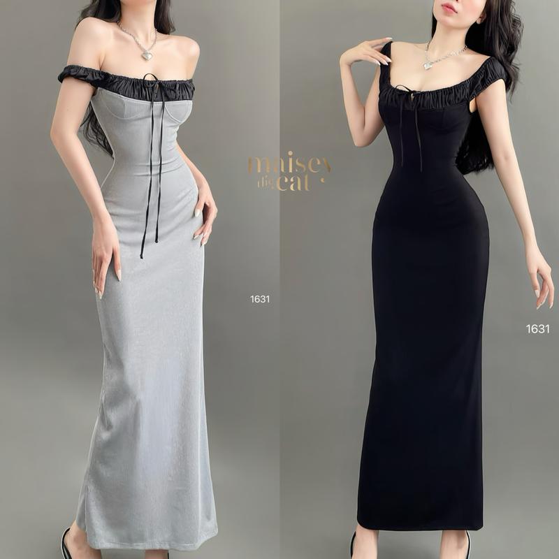 MAISEY ẢNH THẬT 1631 - ĐẦM MAXI DÁNG BÚT CHÌ CHẤT LIỆU THUN PHỐI LỤA MỀM MẠI ĐIỂM NHẤN NHÚN NGỰC Nữ Dress Women Đen