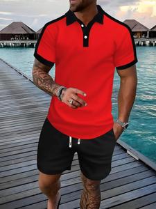Two-Piece Set Men's Colorblock Button Front Top & Plain Drawstring Waist Shorts, Regular Fit Short Sleeve Top & Pocket Shorts, Casual Summer Clothes for Men