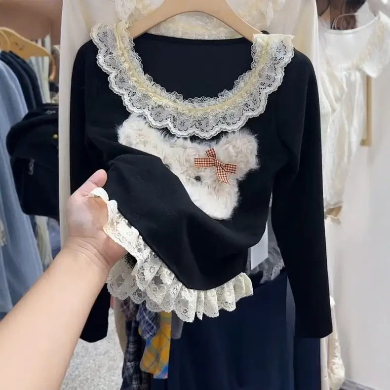 Áo Thêu Có Lông Thú, Ngọt Ngào Và Ấm Áp, Ren Nguyên Chất, Dài Tay, Mặc Trong, Thiết Kế Chó Dễ Thương, Dễ Phối Đồ, Dáng Ôm, Có Thể Mặc Ngoài Trời Hoặc Bên Trong Nữ Top