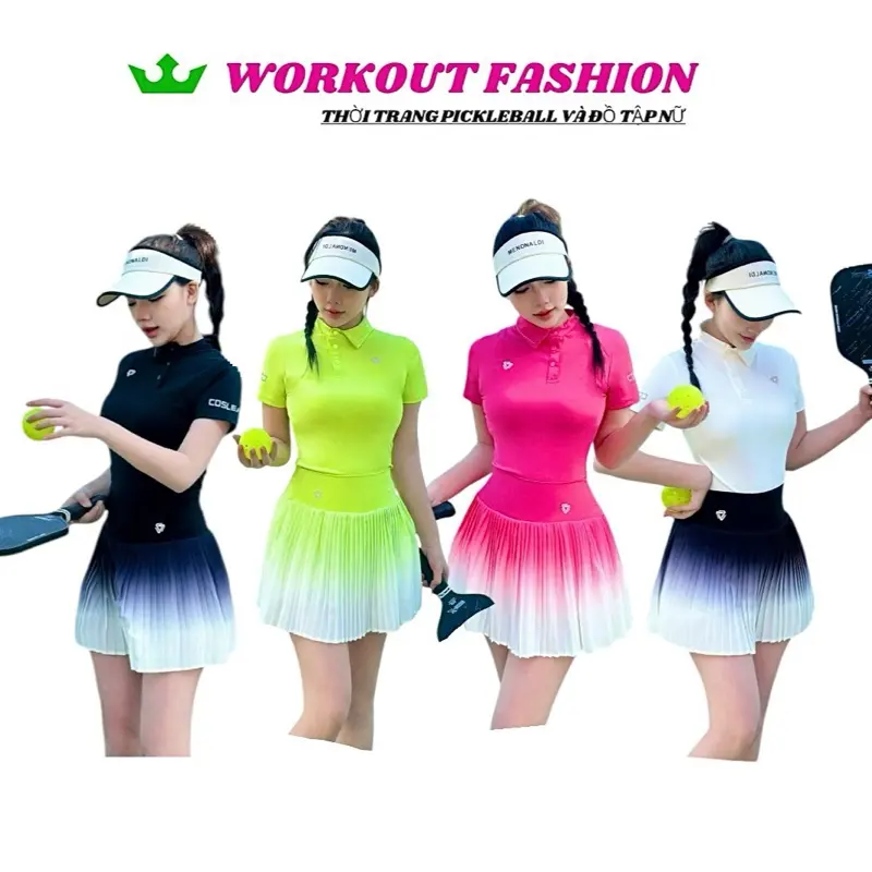 [PICKLEBALL] Bộ thể thao nữ polo cosleaf Quảng Châu với áo cổ nhật khuyết kết hợp chân váy loang chơi Pickleball,golf,tennis.. Sport