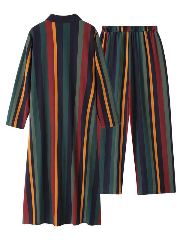 【Plus Size】 Striped Print Button Top & Pants Set, Casual Long Sleeve Collared Top & Trousers, Women's Two-piece Outfits for All Seasons 1