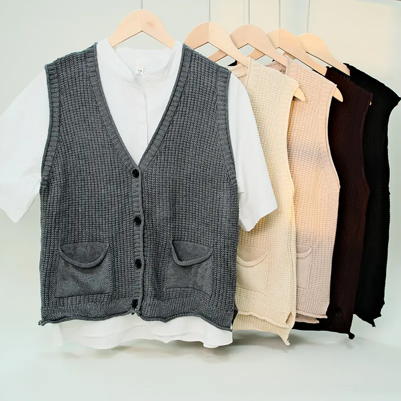 Japanese Style V-neck Knitted Vest Sleeveless Wool Cardigan Women's Outerwear Vest Korean Style Bandage Dress Top Air-Conditioned Room Warm