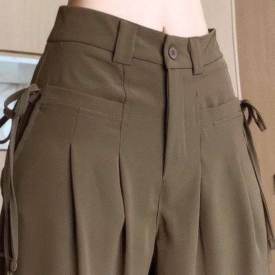 Quần Suông Ống Rộng Lưng Cao Chất Vải Ruby Phong Cách Hàn Quốc Buộc Dây Cá Tính Dài 102cm Pants Nữ