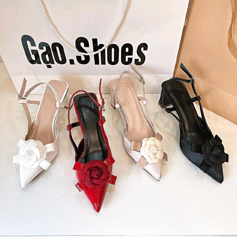 Gạo.Shoes (Có BIGSIZE Ạ) Sục Nữ Quai Hậu, Mũi Nhọn, Gót Cao 7 CM, Trang Trí Hoa TRÀ NƠ 4 CÁNH, Cực Sang.