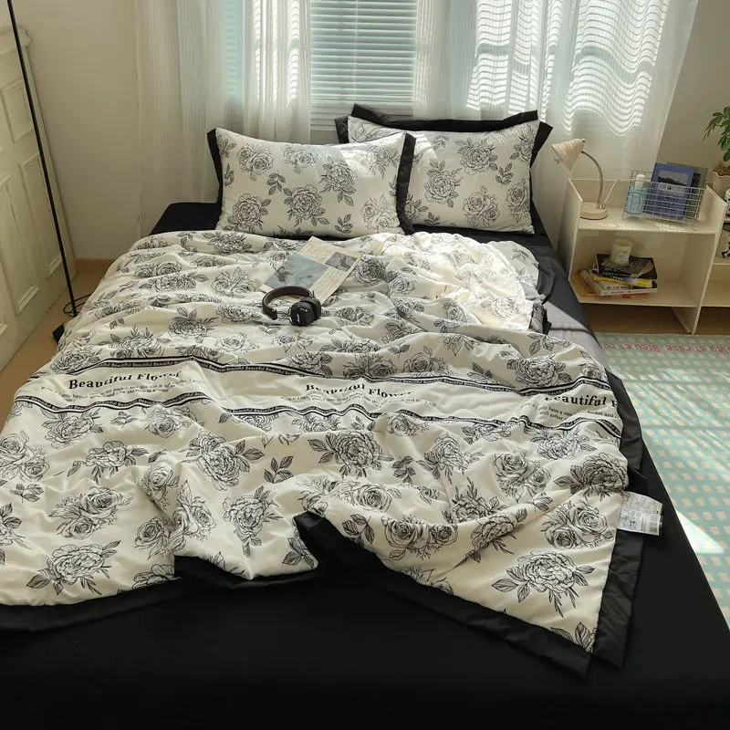 French Lace Washed Cotton Summer Quilt Summer Blanket Airable Cover Four-Piece Set Single Summer Quilt Airable Cover Machine Washable Dormitory