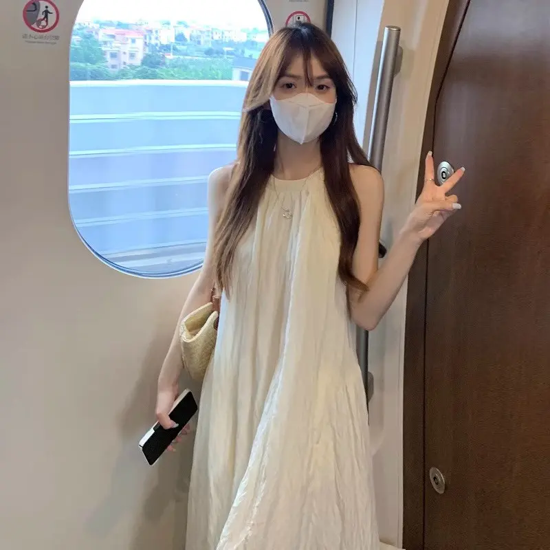 2024 Summer New Vacation Style Halter Neck Dress for Women Loose Fit Draped Fairy Dress Slimming Chic Off-Shoulder Long Dress