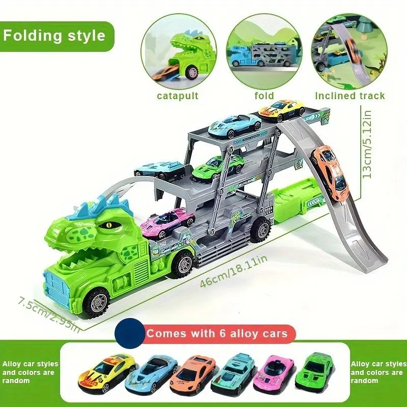 Random Color Dinosaur Truck Toy with 6 Counts Cars, 1 Box Dinosaur Truck Toy with Slide Way, Model & Toy Vehicles for Boys & Girls, Christmas Gift
